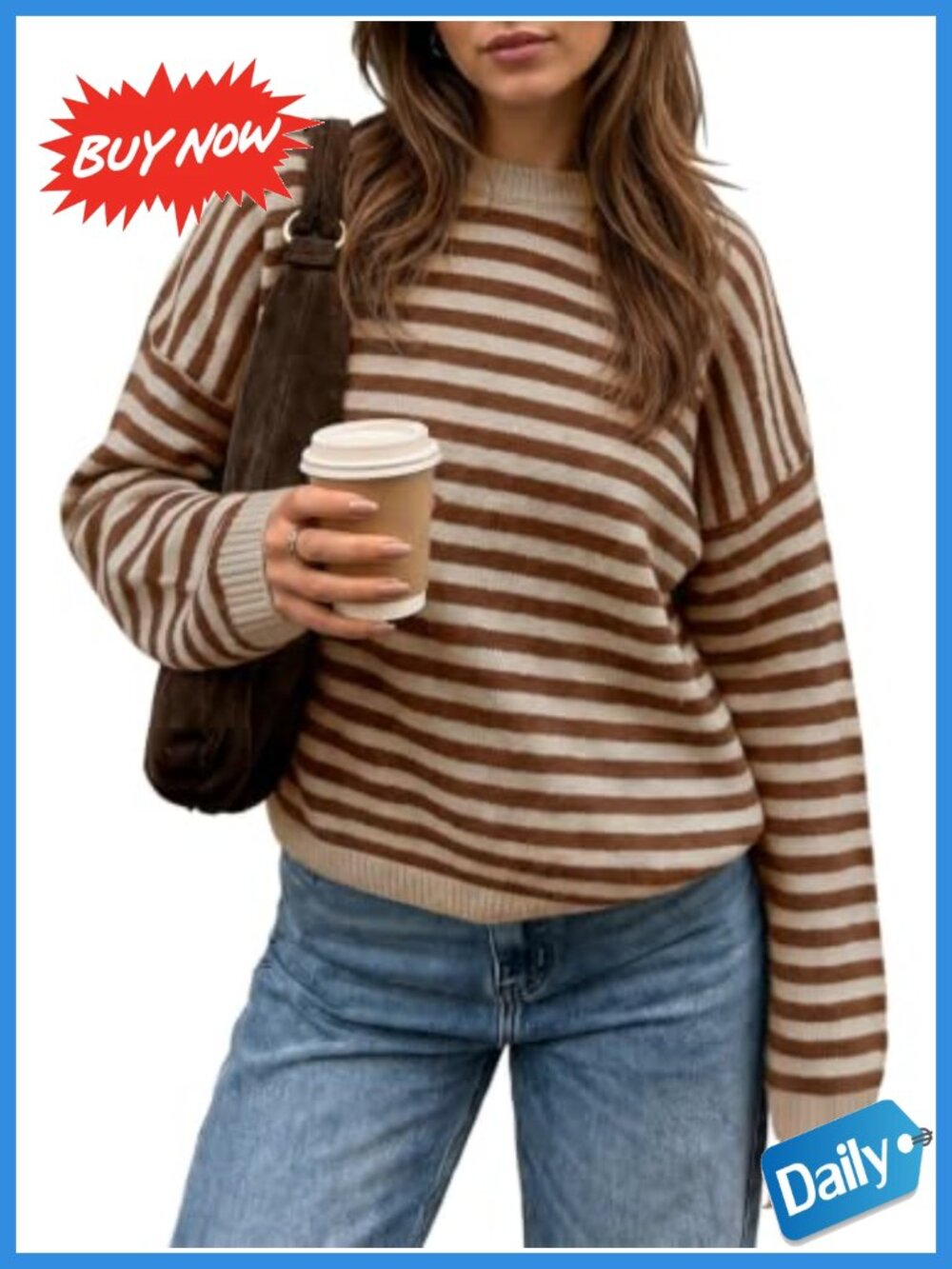Striped Oversized Crew Neck Pullover Sweater Soft Knit Fall Layering